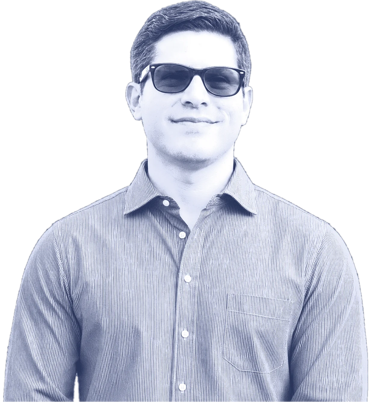 Alex Servin con lentes de sol — retrato editorial en duotono
