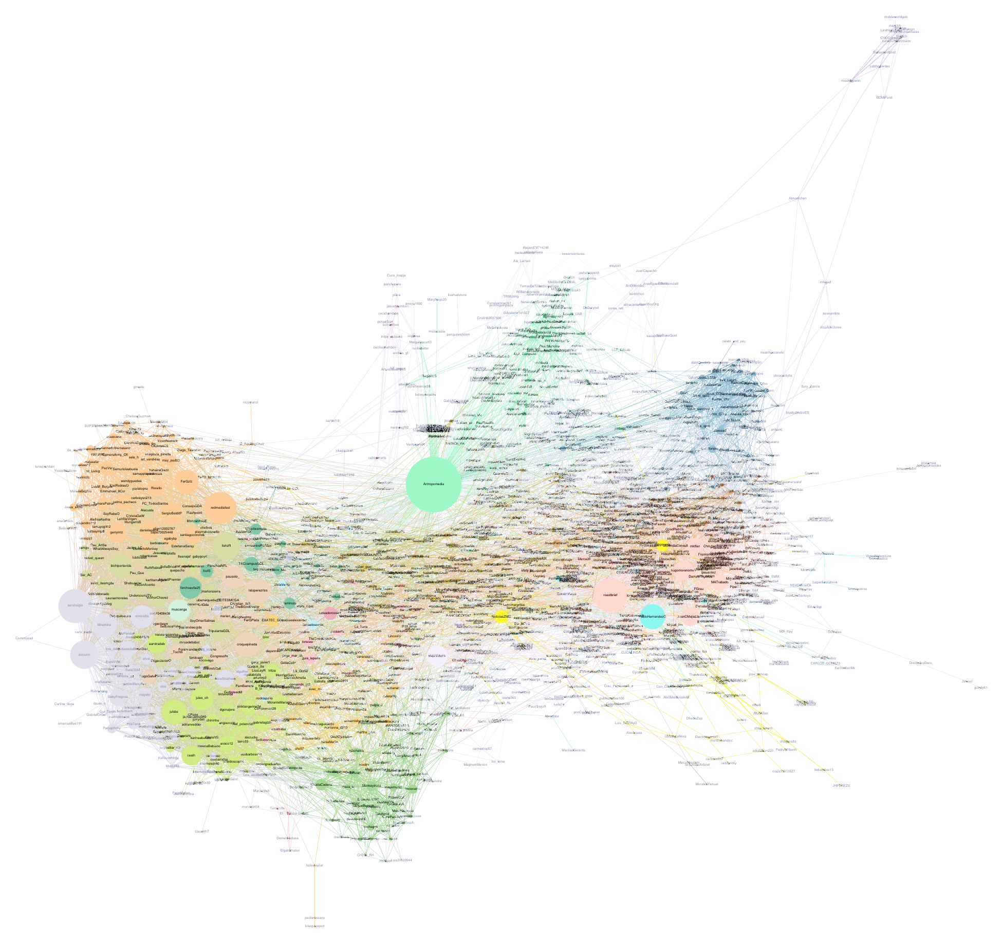 Real Sociograma® of @alejandroservin’s Twitter network (2021): thousands of accounts clustered into digital tribes by colour