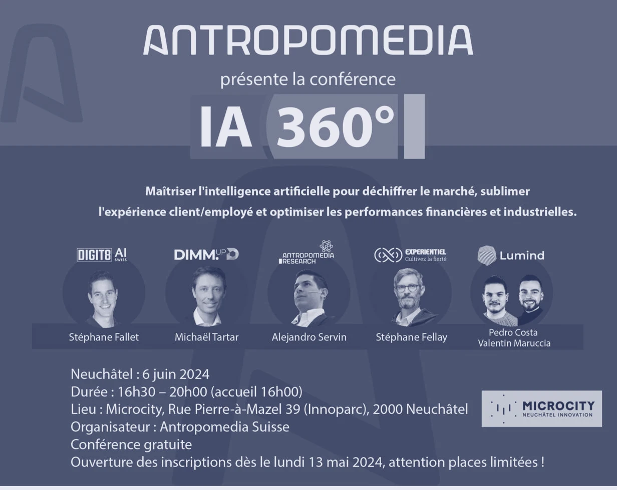 Affiche de la conférence « IA 360° » d’Antropomedia à Microcity, Neuchâtel, avec Alejandro Servin comme intervenant